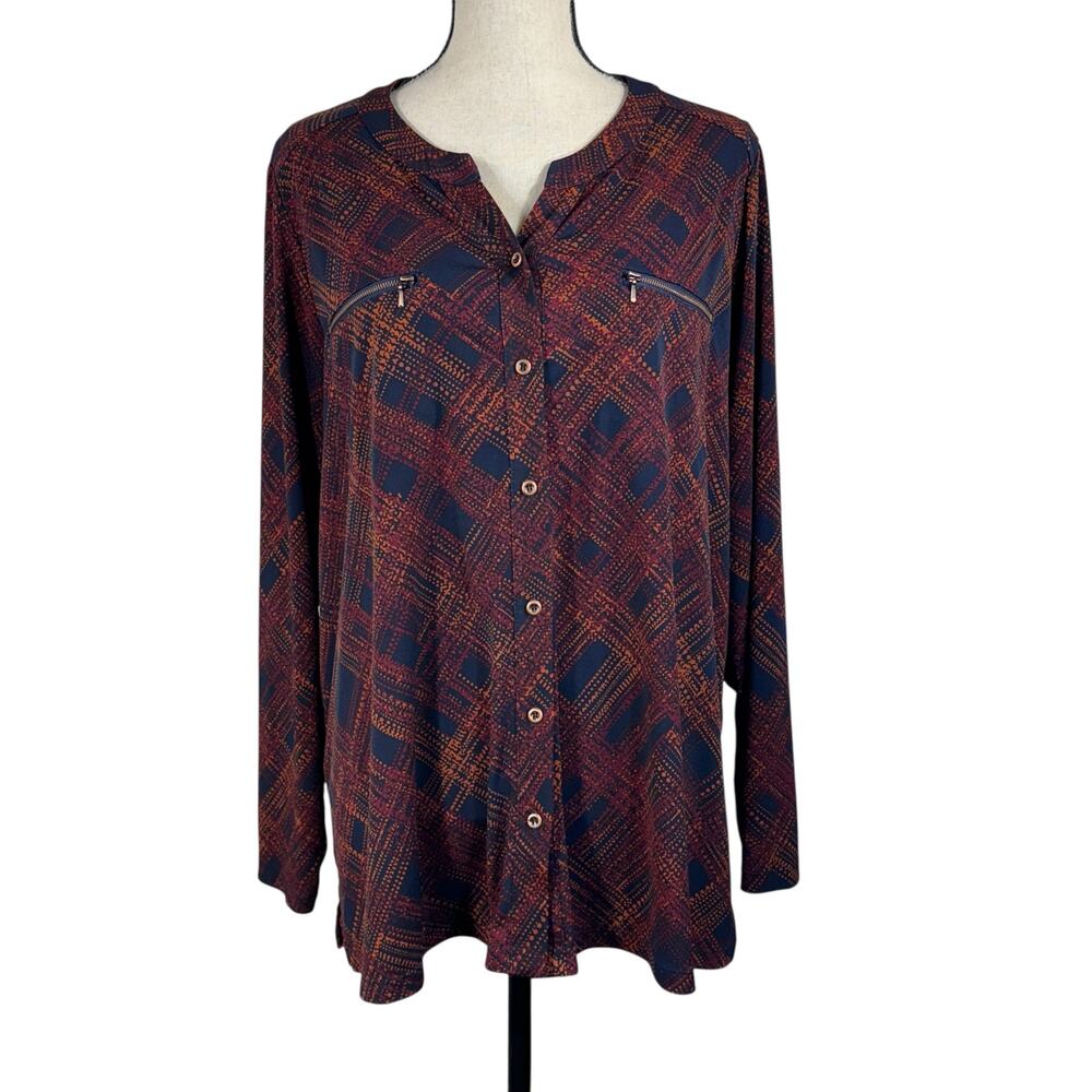 Susan Graver X-Large Top Button-Up V-Neck Stretch Long Sleeve Zip Pockets Slits